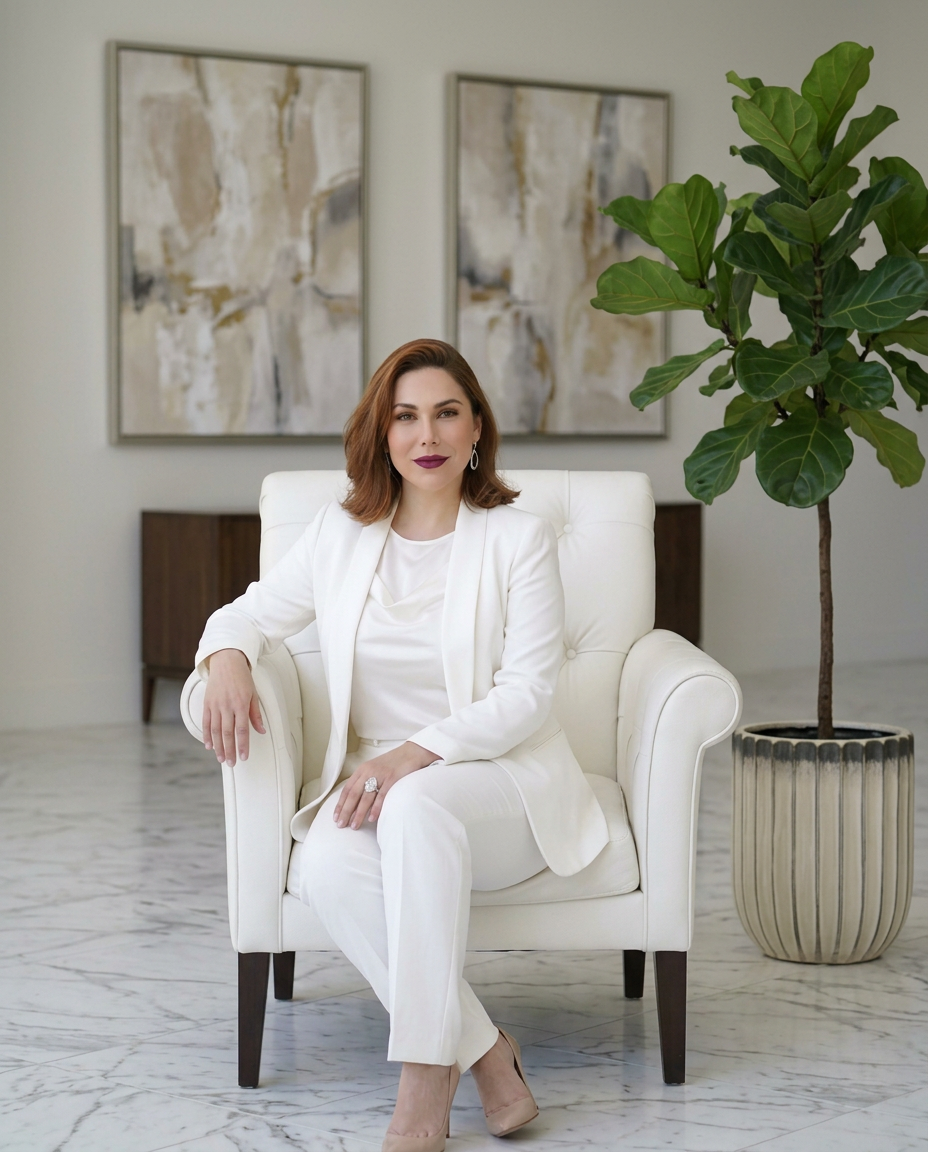 Dr. Sara Hammond, DO in a white suit, seated in a white armchair beside a fiddle-leaf fig in a light-filled office