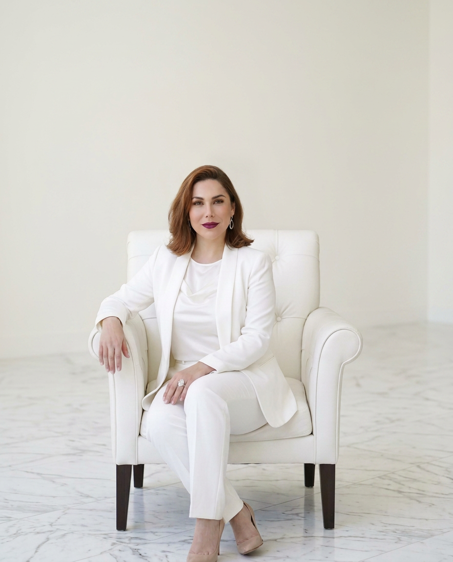 Dr. Sara Hammond, DO, board-certified Internal Medicine physician and founder of Aure Health, seated in a white chair in a bright marble-floored room